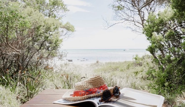 The Leaning Tree - Little blue beach house and beach-box on the bay